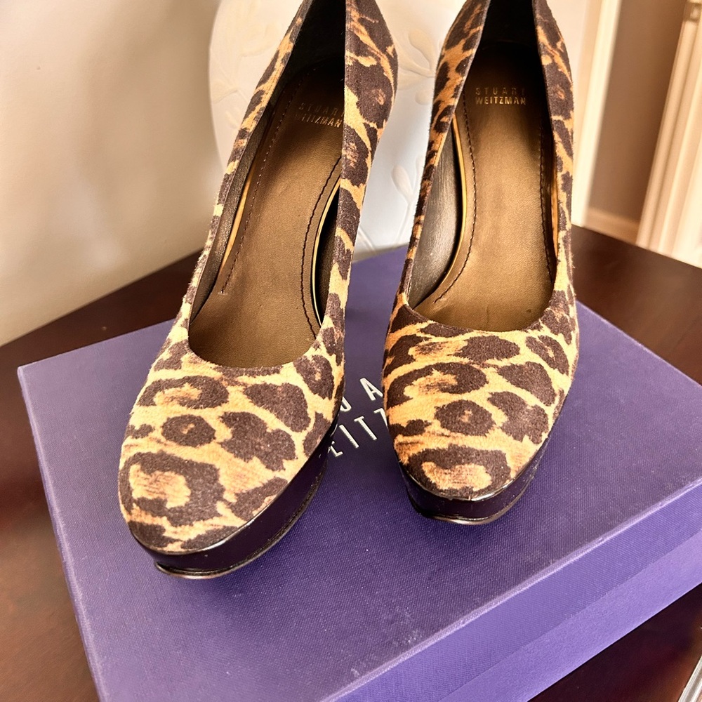 Stuart Weitzman Suede Leopard Print Platform Heels